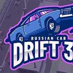 A képen egy kék autó grafikája látható Russian Car Drift 3D felirattal, háttérben egy elmosódott városi környezettel