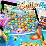 Színes vízi témájú digitális kép rajzfilmfigurákkal, halakkal, sellővel, kalózzal és egy tablettel a háttérben