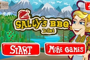 Rajzolt táj háttérrel, hegyekkel és erdővel, középen Sallys BBQ Joint felirattal, a jobb oldalon egy rajzolt karakterrel, alul pedig két piros gombbal Start és More Games felirattal