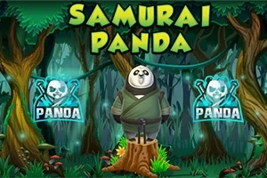 Egy pandamaci szamuráj jelmezben áll egy erdő közepén, két oldalán két világító panda embléma