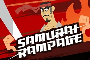 Rajzolt harcos piros háttér előtt, karddal és Samurai Rampage felirattal