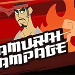 Rajzolt harcos piros háttér előtt, karddal és Samurai Rampage felirattal