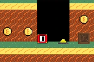 Képen egy pixelgrafikájú, földalatti alagútrendszer látható, amelyben érmek, egy piros színű blokk, egy sárga rakás és egy fa láda található