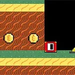Képen egy pixelgrafikájú, földalatti alagútrendszer látható, amelyben érmek, egy piros színű blokk, egy sárga rakás és egy fa láda található