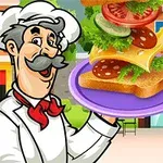 Rajzolt szakács, aki tányéron rétegezett szendvicset tart, a háttérben üzlet látható, mellette egy lejátszás gomb