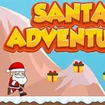 Mikulás piros ruhában ajándékokkal és havas tájjal, háttérben nagy Santa Adventure felirattal