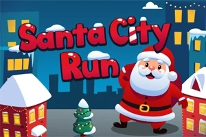 Télapó úgy tűnik, az éjszakai városban áll a felhőkarcolók és havas házak között, mellette egy kis karácsonyfa díszekkel, Santa City Run felirattal