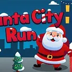 Télapó úgy tűnik, az éjszakai városban áll a felhőkarcolók és havas házak között, mellette egy kis karácsonyfa díszekkel, Santa City Run felirattal