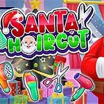 Egy rajzfilmszerű Mikulás egy szalonban, körülötte fodrász eszközökkel és ajándékokkal, a háttérben pedig karácsonyi dekorációkkal