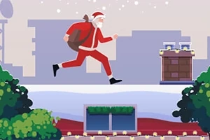 Mikulás piros ruhában, nagy zsákkal a vállán, szalad át egy kémény mellett a havas, díszkivilágított háztetőn