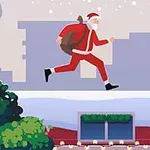 Mikulás piros ruhában, nagy zsákkal a vállán, szalad át egy kémény mellett a havas, díszkivilágított háztetőn