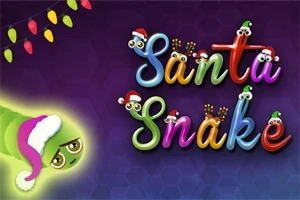 Színes betűkkel írt Santa Snake felirat, szemekkel és mikulássapkákkal díszítve, bal oldalon zöld kígyó mikulássapkával, háttérben karácsonyi égősor