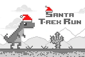 Egy pixelgrafikus T-rex mikulássapkával, kaktusz mellett, szürke háttérrel