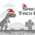 Egy pixelgrafikus T-rex mikulássapkával, kaktusz mellett, szürke háttérrel
