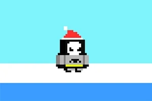 Pixeles pingvin piros sapkában áll a jégen kék háttérrel