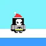 Pixeles pingvin piros sapkában áll a jégen kék háttérrel