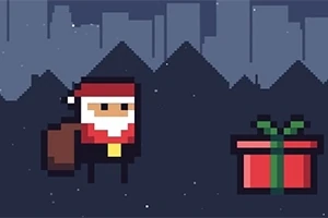 Pixelart stílusú Mikulás karakter egy ajándékcsomaggal sötét háttér előtt