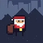 Pixelart stílusú Mikulás karakter egy ajándékcsomaggal sötét háttér előtt
