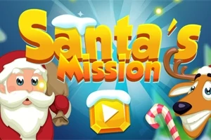 Mikulás és egy szarvas rajzfilmfiguraként ábrázolva, mellettük a Santas Mission felirat és egy játékgomb