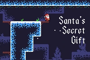 Egy pixeles grafikai stílusú téli táj, ahol egy Télapó figura áll hóval borított platformokon, mellette a Santas Secret Gift szöveg