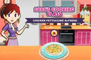 Egy rajzolt női figura konyhában áll, kezét felemelve, és előtte egy tál csirkés fettuccine Alfredo található