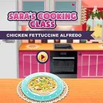 Egy rajzolt női figura konyhában áll, kezét felemelve, és előtte egy tál csirkés fettuccine Alfredo található