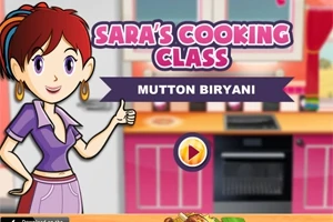 Egy rajzolt női karakter piros háttérrel, lila ruhában, konyhai környezetben, mellette Saras Cooking Class: Mutton Biryani felirattal