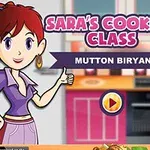 Egy rajzolt női karakter piros háttérrel, lila ruhában, konyhai környezetben, mellette Saras Cooking Class: Mutton Biryani felirattal