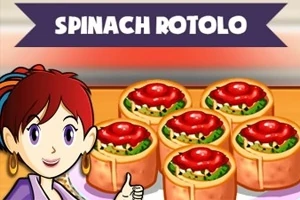Piros hajú rajzfilmfigura mosolyogva mutat hat darab paradicsomos és spenótos rotolóra egy konyhapulton, felette a SPINACH ROTOLO felirat látható