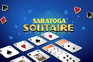 A kék háttér előtt kártyalapok és a Saratoga Solitaire felirat látható