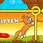 Rajzfilm-stílusú kép, amelyen egy narancssárga cica egy labirintus alakú szerkezetre mászik, miközben a háttér naplementét ábrázol