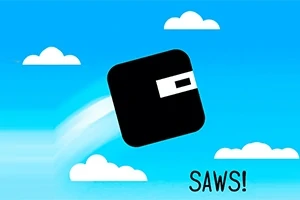 Egy fekete négyzet alakú figura fehér csíkkal, kék égen fehér felhők között lebeg, alatta a „SAWS!