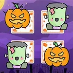 Rajzolt Halloween-téma egy lila háttérrel, tökfej és Frankenstein szerű karakterekkel, narancssárga tökökkel díszített kártyák előtt
