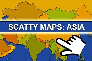 Színes ázsiai térkép, középen egy kéz ikon és a SCATTY MAPS: ASIA felirat