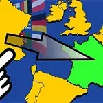 Térkép színes országokkal, mutató kéz szimbólummal és zászlókkal