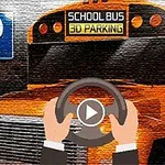 Narancssárga iskolabusz elölről, kormánykerékkel és parkoló táblával a háttérben