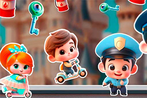 Rajzfilmszerű karakterek rollerrel, kulcsokkal és piros hengerekkel egy színes háttér előtt