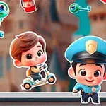 Rajzfilmszerű karakterek rollerrel, kulcsokkal és piros hengerekkel egy színes háttér előtt