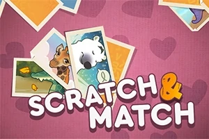 Képeslapok állatképekkel és a Scratch & Match felirat élénk háttéren