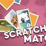 Képeslapok állatképekkel és a Scratch & Match felirat élénk háttéren