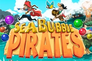 Kalózok és papagáj egy kincsesládával, körülvéve színes buborékokkal, a Sea Bubble Pirates felirat előtt