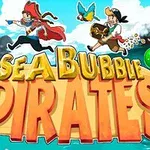 Kalózok és papagáj egy kincsesládával, körülvéve színes buborékokkal, a Sea Bubble Pirates felirat előtt