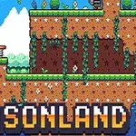 Pixeles tájkép lombozattal és ugró platformokkal, alul SEASONLAND felirat