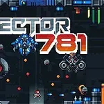 Pixel art stílusú sci-fi jelenet, központi felirattal SECTOR 781, futurisztikus űrhajókkal és robotos ellenségekkel