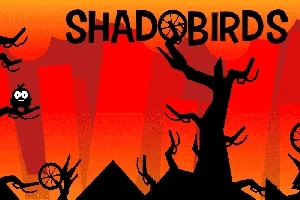 Egy sziluett fákkal és körformákkal teli táj, narancssárga és piros árnyalatú háttérrel, SHADOBIRDS felirattal