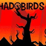 Egy sziluett fákkal és körformákkal teli táj, narancssárga és piros árnyalatú háttérrel, SHADOBIRDS felirattal