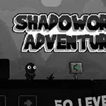 Egy sziluett figurával, zöld nyíl jelzőtáblával és a Shadoworld Adventure felirattal rendelkező sötét tónusú grafika