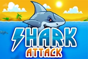 Rajzolt kép egy cápával a vízben, naplemente háttérrel és a Shark Attack felirattal