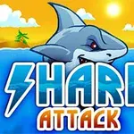 Rajzolt kép egy cápával a vízben, naplemente háttérrel és a Shark Attack felirattal