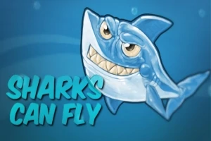 Rajzfilmszerű cápa vigyorogva lebeg egy kék háttér előtt, mellette a Sharks Can Fly felirat látható